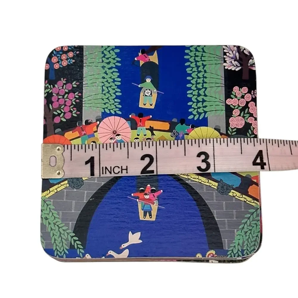 Haitang Coaster Set of 6 Colorful Asian Folk Art Cork 4” Square NIB Hostess Gift